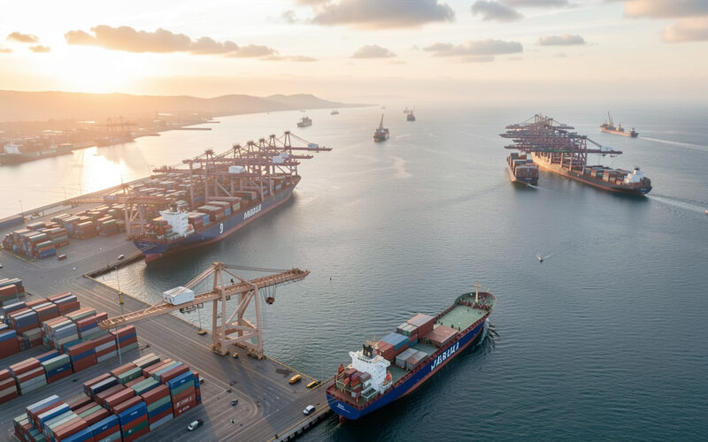 Aerial view of an industrial port with container stacks cranes and cargo ships at dawn.