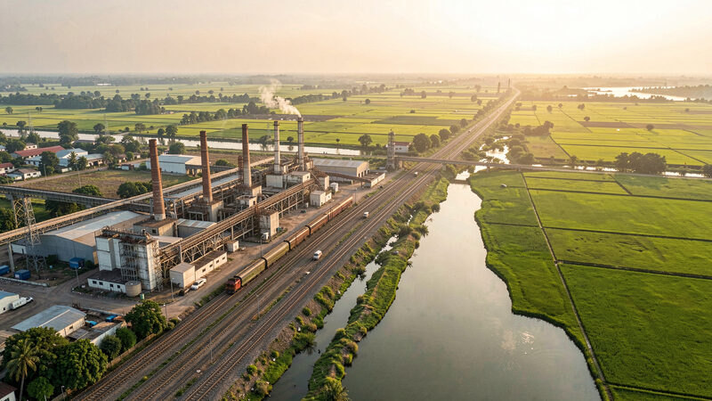 Aerial view of a plant with chimneys beside rail sidings, a river and paddy fields at sunrise.