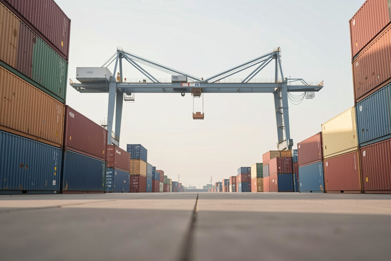 Stacked shipping containers in a port yard with a gantry crane overhead.