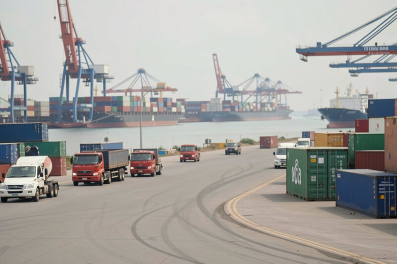 Container port with quay cranes, stacked boxes and trucks on the access road.