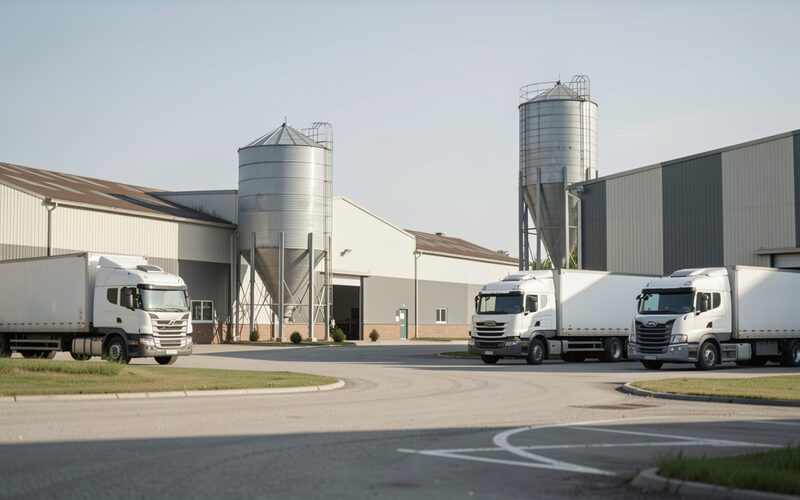 Industrial factory exterior with sheds water tower and parked trucks in daylight.