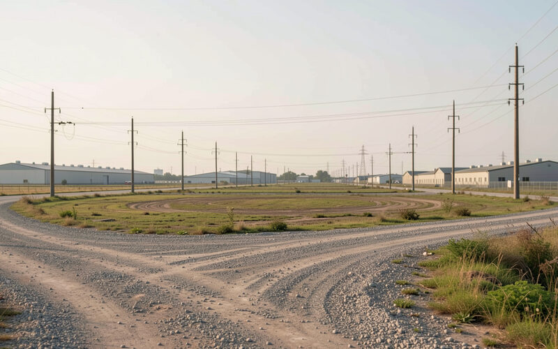 Flat industrial plots with gravel roads electricity poles and distant factory sheds.