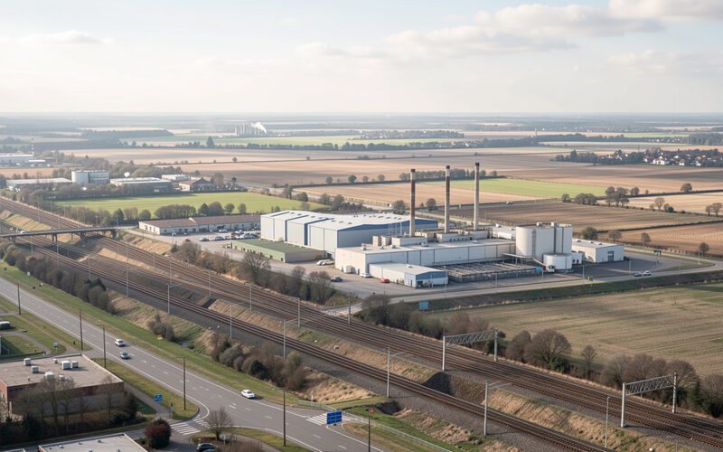 High view of highways rail tracks and industrial buildings spreading across plains.