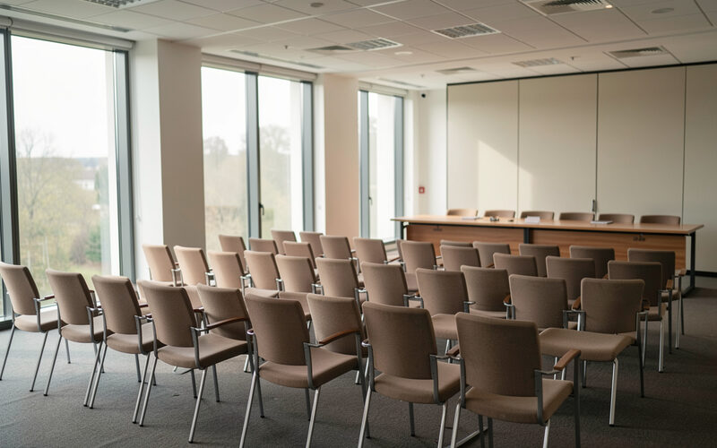 Empty conference hall with rows of chairs and a long table beside large windows.