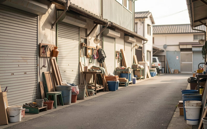 Small workshop street with shuttered units tools and materials stacked outside.