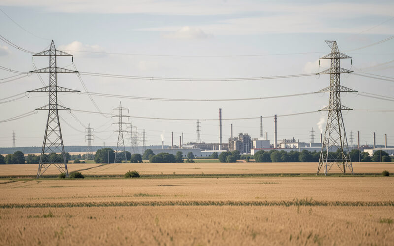 High voltage transmission towers crossing fields toward an industrial zone.