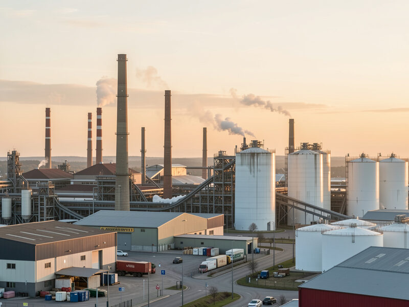 Mixed industrial skyline with chimneys warehouses and storage tanks at sunset.