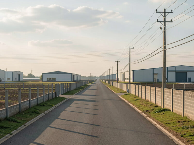 New industrial estate road lined with plots boundary walls and power lines.