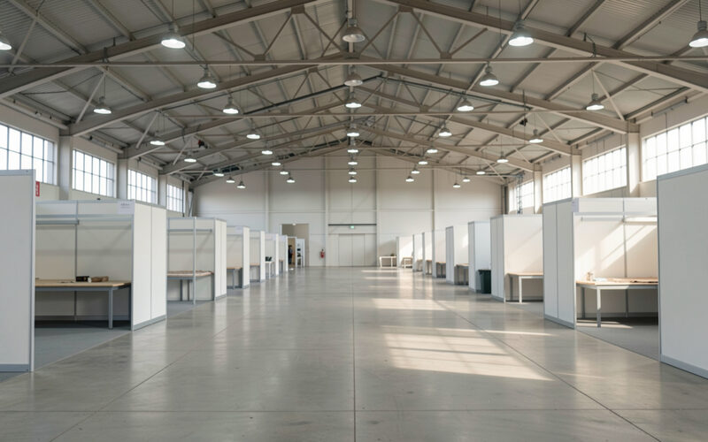 Large exhibition hall interior with empty stalls and overhead lights before opening.